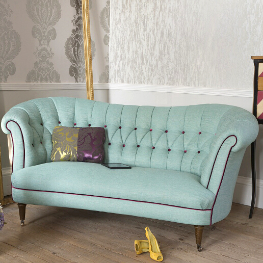 John Sankey Evita Large Sofa in Vintage Linen Aqua Fabric with Contrast Piping Roomset