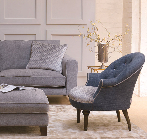 John Sankey Ferdinand Chair in Vintage Linen Denim with Voltaire Sofa and Daybed Ottoman