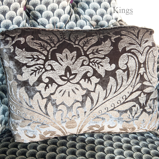 John Sankey Holkham Grand Sofa in Delanty Velvet Silver Fabric with Appledore Pewter Scatter Cushions Detail