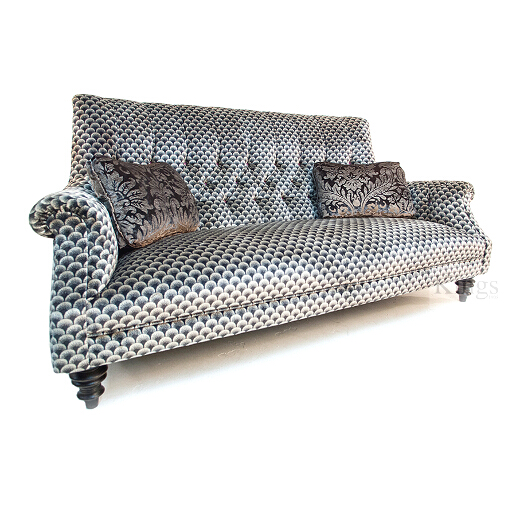 John Sankey Holkham Grand Sofa in Delanty Velvet Silver Fabric with Appledore Pewter Scatter Cushions