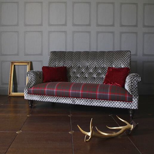 John Sankey Holkham Sofa in Delanty Velvet Silver Fabric with Cello Pimpernel Seat Cushions