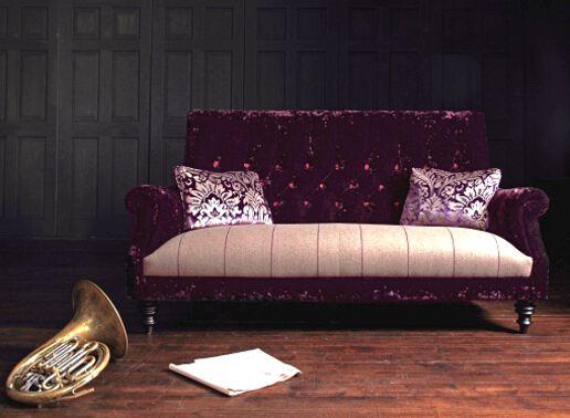 John Sankey Holkham Large Sofa in Du Barry Velvet Blackberry and Wool Plaid Seat Cushions