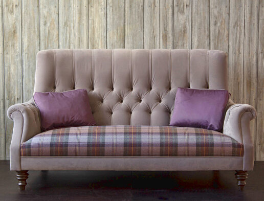 John Sankey Holkham Sofa in Tate Velvet Dovetail with Mandolin Check Heathland Seat Cushions