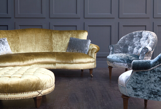 John Sankey Matilda Sofa in Ava Velvet Green Gold Fabric with Boothby Ottoman and Ferdinand Chairs
