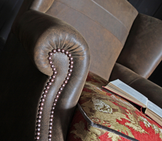 John Sankey Tolstoy Chair in Full Leather with Contrast Fabric Seat Studded Arm Detail