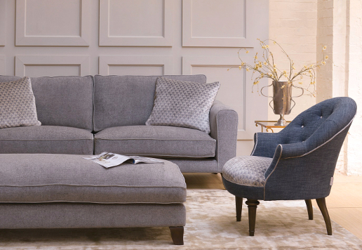 John Sankey Voltaire Sofa in Edgar Granite Fabric with Ferdinand Chair and Voltaire Daybed