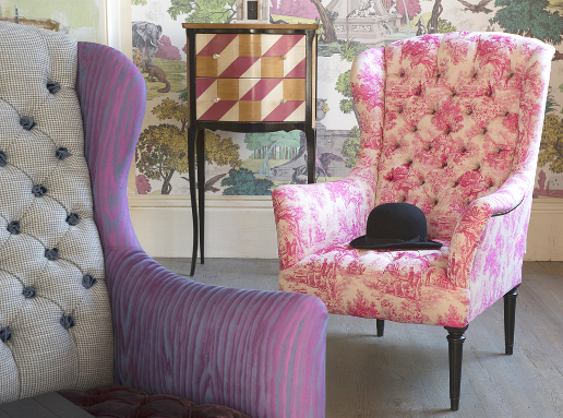 John Sankey Wainwright Chair in Bizet Hot Pink and Elsa Moire Electric Pink Fabrics