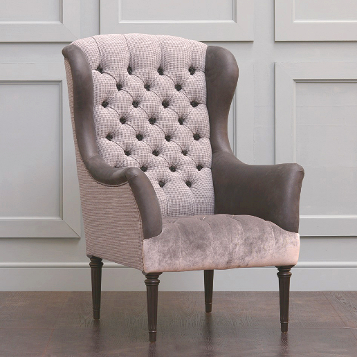 John Sankey Wainwright Chair in Gibert Basalt and Pixton Velvet Mole Fabrics with Ollivander Graphite Leather Inside Arms and Wings