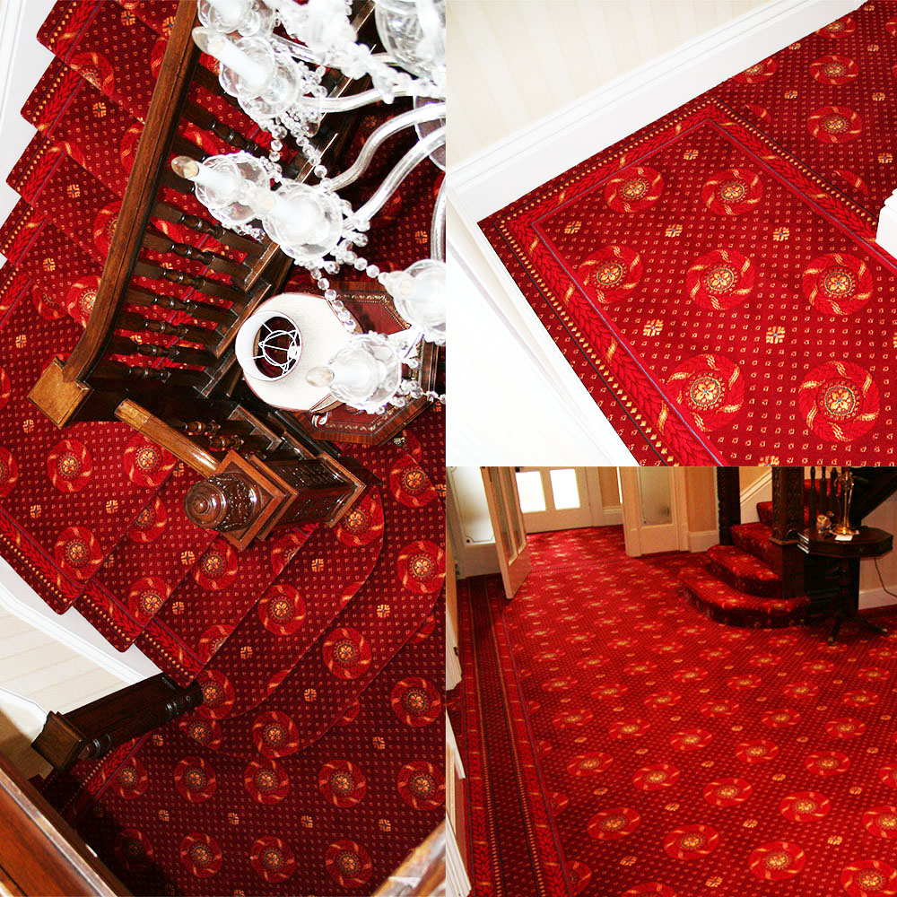 Brintons Majestic Red Plate Design With Borders Fitted to a Hall, Stairs and Landing. 