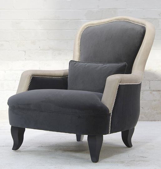 John Sankey Alphonse Chair in Block Velvet Seal Fabric with Horatio Stone Leather Border and Studding