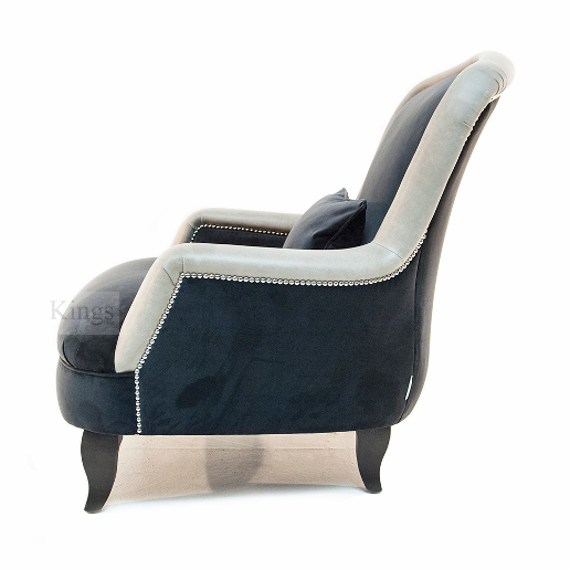 John Sankey Alphonse Chair in Block Velvet Seal Fabric with Leather Arm and Back Border and Chrome Studs