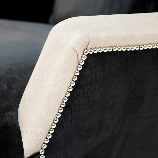 John Sankey Alphonse Chair in Block Velvet Seal Fabric with Leather Arm and Back Border and Chrome Studs Details