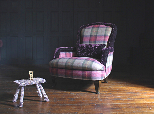 John Sankey Alphonse Chair in Soft Check Damson Hero Fabric with Contrast Velvet Border