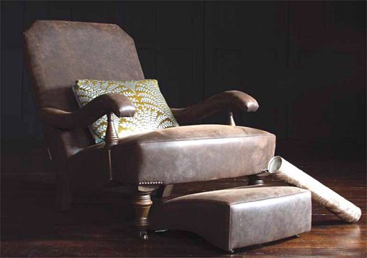 John Sankey Byron Chaise Chair and Foot Stool in Full Grain Hawker Peat Leather