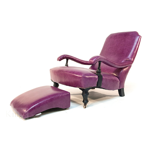 John Sankey Byron Chaise Chair and Foot Stool in Schiaparelli Cyclamen Leather