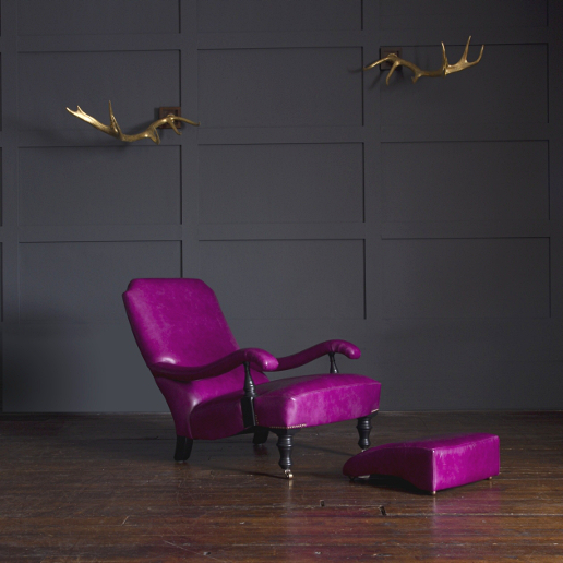 John Sankey Byron Chaise Chair and Footstool in Full Grain Schiparelli Cyclamen Leather