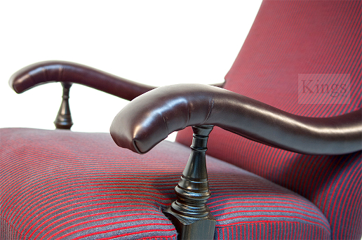 John Sankey Byron Chaise Chair and Gout Foot Stool in Burgandy Stripe Fabric Arm Details