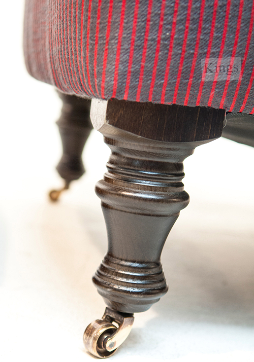 John Sankey Byron Chaise Chair and Gout Foot Stool in Burgandy Stripe Fabric Leg Details