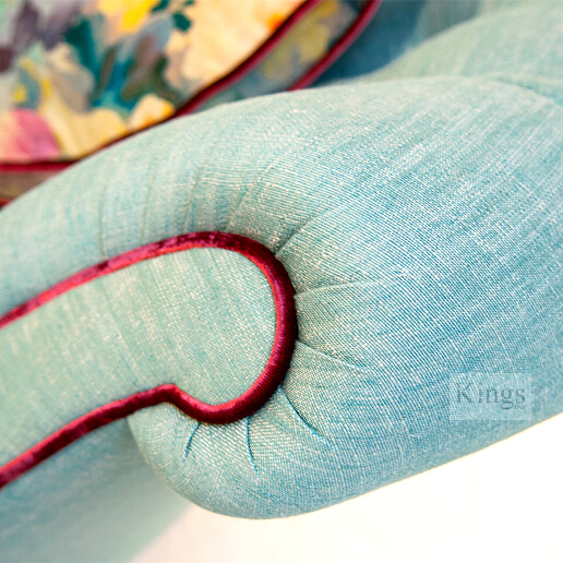 John Sankey Evita Button Back Grand Sofa in Vintage Linen Aqua Fabric Arm Detail
