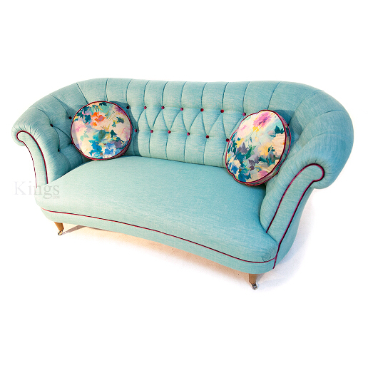 John Sankey Evita Button Back Sofa in Vintage Linen Aqua Fabric with Circular Cushions in Floral Fabric