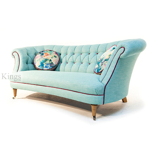 John Sankey Evita Button Back Sofa in Vintage Linen Aqua Fabric with Circular Cushions in Floral Fabric