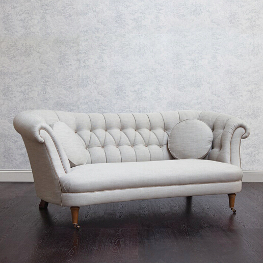 John Sankey Evita Large Sofa in Vintage Linen Lichen Fabric with Circular Scatter Cushions