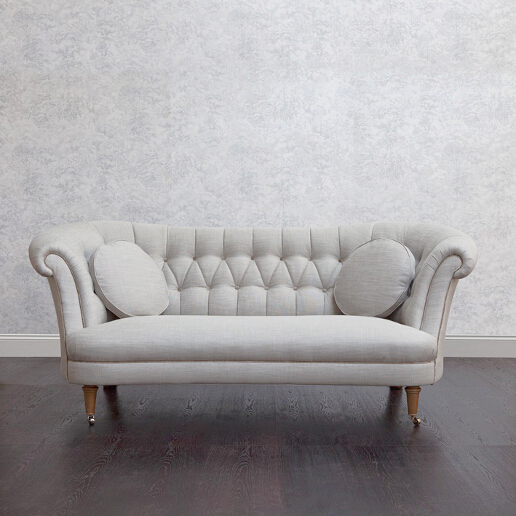 John Sankey Evita Large Sofa in Vintage Linen Lichen Fabric with Circular Scatter Cushions