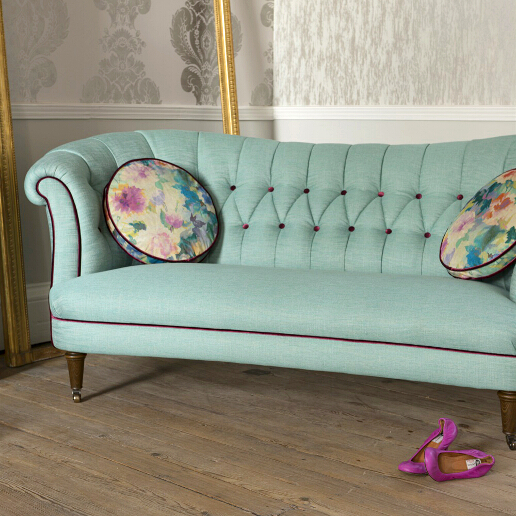 John Sankey Evita Sofa in Vintage Linen Aqua Fabric with Contrast Piping Roomset