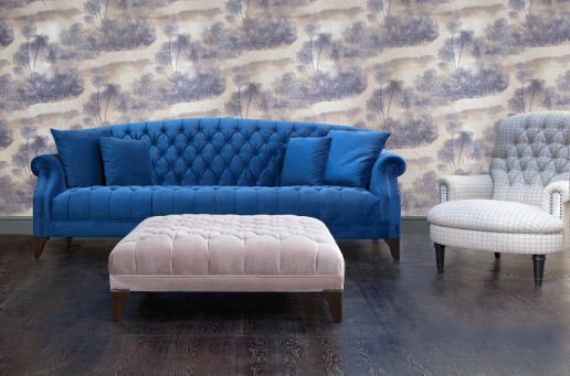 John Sankey Fairbanks Lounger in Block Velvet Venetian Blue with Boothby Square Ottoman and Crawford Chair