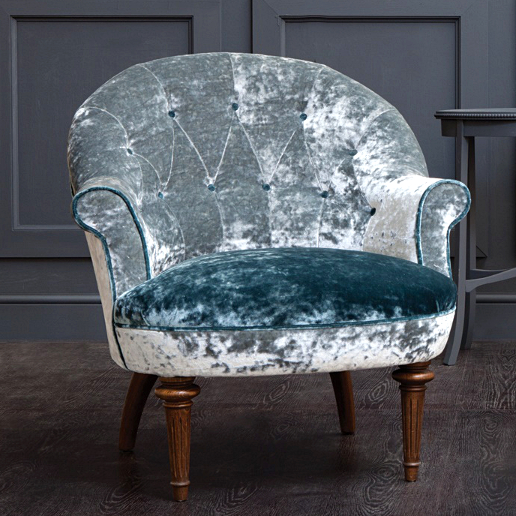 John Sankey Ferdinand Chair in Ava Velvet Cloud and Lagoon Fabrics