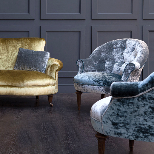 John Sankey Ferdinand Chairs in Ava Velvet Cloud and Lagoon Fabrics with Matilda Sofa