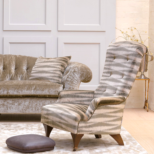 John Sankey Hawthorne Chair in Argento Velvet Bronze Fabric with Button Foot Stool and Bloomsbury Sofa