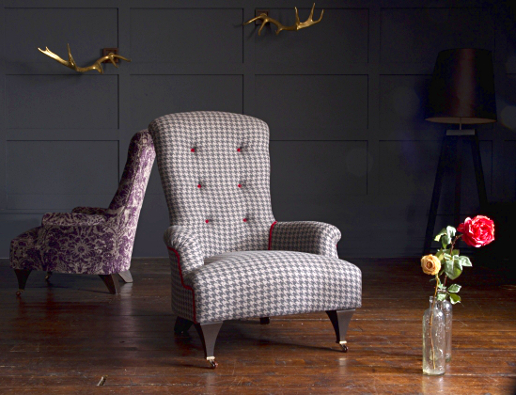John Sankey Hawthorne Chairs in Houndstooth Bark and Florence Velvet Heather Fabrics