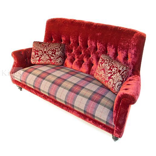 John Sankey Holkham Grand Sofa in Ava Velvet Warm Red Fabric with Soft Check Damson Seat Cushions