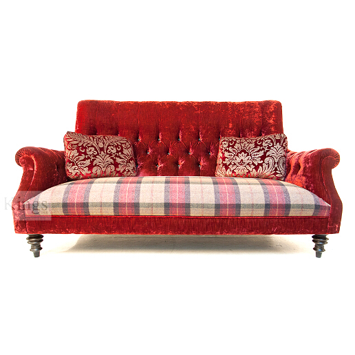 John Sankey Holkham Grand Sofa in Ava Velvet Warm Red Fabric with Soft Check Damson Seat Cushions