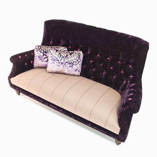 John Sankey Holkham Grand Sofa in Borghese Velvet Crocus Fabric with Wool Plaid Seat Cushions