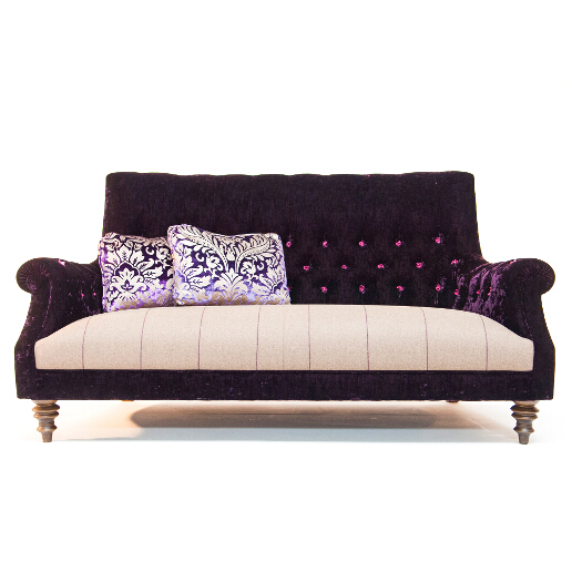 John Sankey Holkham Grand Sofa in Borghese Velvet Crocus Fabric with Wool Plaid Seat Cushions