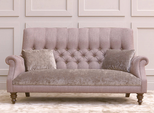 John Sankey Holkham Sofa in Rodin Heather Fabric with Borghese Velvet Seat Cushions