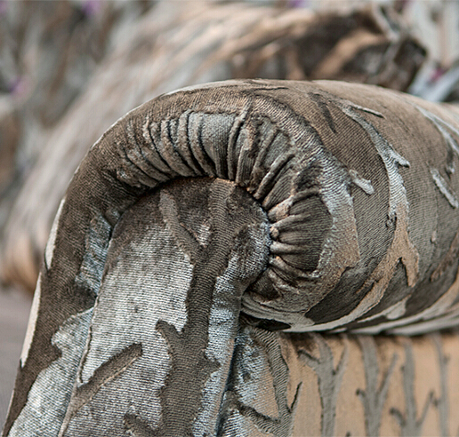 John Sankey Holkham Small Sofa in Shadows Mouse Fabric Arm Detail