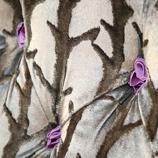 John Sankey Holkham Sofa in Shadows Mouse with Cyclamen Leather Tufts Detail