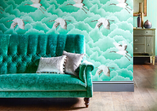 John Sankey Holkham Sofa in Harlequin Velvet Green Fabric Roomset