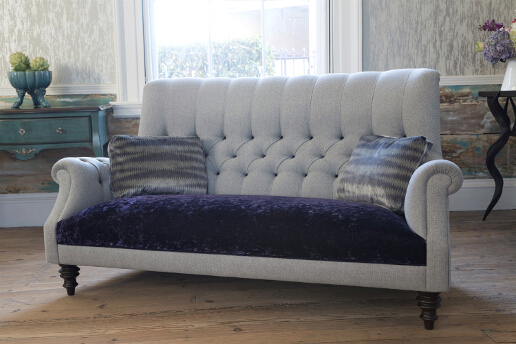 John Sankey Holkham Sofa in Milligan Silver and Du Barry Velvet Iris