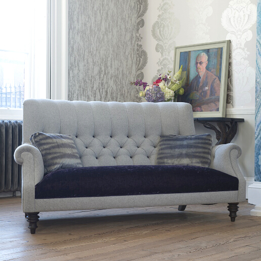 John Sankey Holkham Sofa in Milligan Silver and Du Barry Velvet Iris Roomset