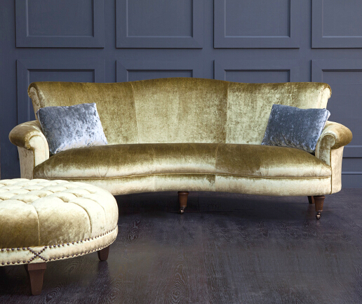 John Sankey Matilda Sofa in Ava Velvet Green Gold Fabric with Boothby Ottoman