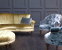 John Sankey Matilda Sofa in Ava Velvet Green Gold Fabric with Boothby Ottoman and Ferdinand Chairs