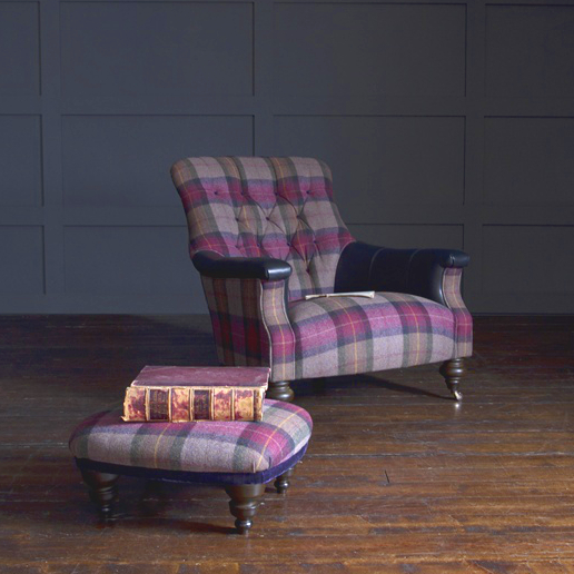 John Sankey Slipper Chair and Toggle Footstool in Soft Check Damson Fabric with Leather Arms