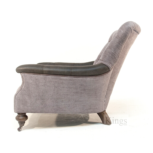 John Sankey Slipper Chair in Apollinaire Dove Fabric with Leather Arms Side View