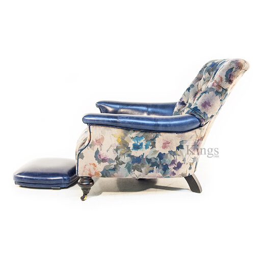 John Sankey Slipper Chair in Blue Floral Fabric with Leather Arms and Button Foot Stool