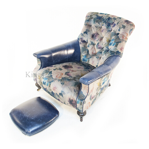 John Sankey Slipper Chair in Blue Floral Fabric with Leather Arms and Button Foot Stool