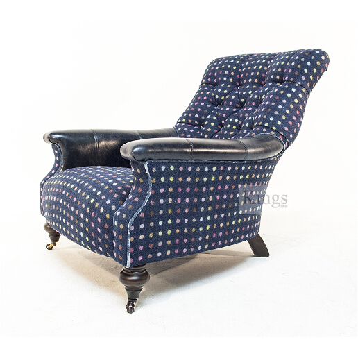 John Sankey Slipper Chair in Blue Spot Pattern Fabric with Leather Arms